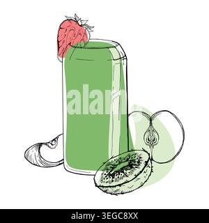 Slim can glass with fresh detox kiwi, apple smoothie, strawberry slice on rim. Seamless hand drawn ink vector. Nutrition guide pages, clean eating Stock Vector