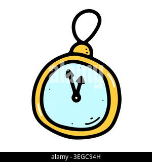 Doodle Christmas clock image. Hand drawn watch isolated on white background. Color festive time symbol for New Year countdown, winter holidays, fairy Stock Vector