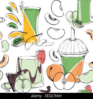 Green energy drinks, smoothie glass seamless pattern with kiwi, peach and apple accents, matcha, chocolate trickle. Hand drawn ink vector. Reusable Stock Vector