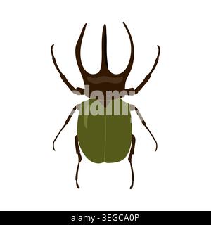 Rhinoceros beetle with big horns and green body vector illustration isolated on white background Stock Vector