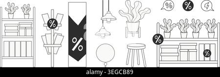 Shopping, Percent Signs and Sale Banners. Retail Shelves with Houseplants, Pendant Lamps and Discount Icons, Stool, Text Bubble. Store Interior. Isola Stock Vector