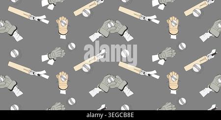 Professional Cricket Bat Hitting Ball Seamless Pattern. Hands Striking And Catching White Ball on Gray Background. Vector Horizontal Illustration. Rep Stock Vector