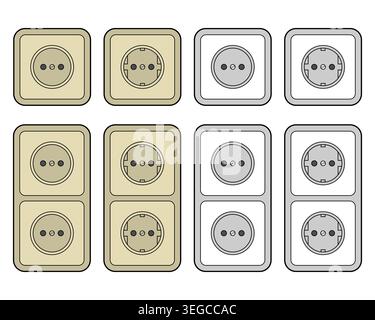 Minimalist single and double EU electrical wall sockets in beige and gray isolated on white background Stock Vector