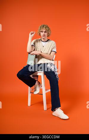 Young blonde man in casual wear sits confidently in a colorful studio, showcasing style. Stock Photo