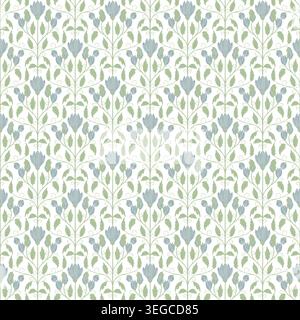 Flowers, buds and petals on a seamless pattern. Vector illustration. The pattern of flowering grasses and twigs is isolated on a white background. Stock Vector