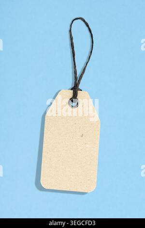 Blank cardboard price tag isolated on blue background. Template mock up Stock Photo