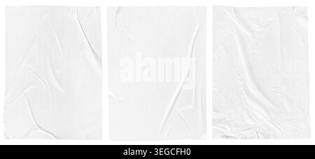 Three White paper wrinkled poster template isolated on white background. Blank glued creased paper sheet mockup Stock Photo