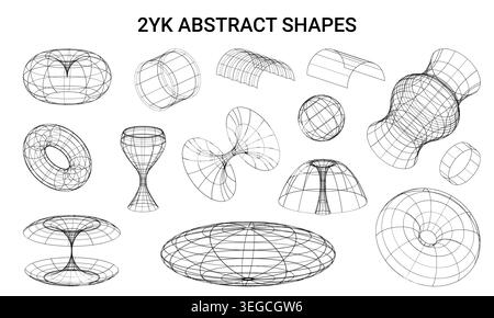 Collection of abstract wireframe 3D shapes including torus, cylinders, domes, and curved surfaces, geometric transparent models for design Stock Vector