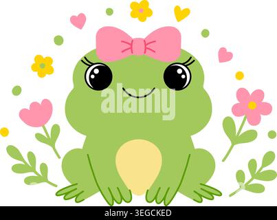 Green frog with a pink bow and spring flowers. Stock Vector
