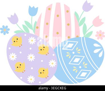 Composition with Easter eggs cute and spring flowers. Pastel holiday illustration for greeting cards and decor. Stock Vector