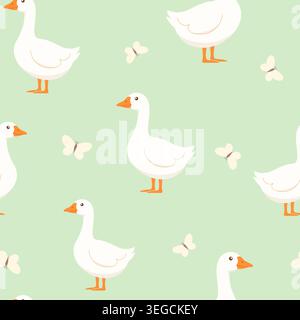 Seamless pattern with white geese and butterflies on a green background. Whimsical farmhouse nursery wallpaper. Stock Vector