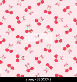 Seamless pattern of red cherries on pink background.  Stock Vector