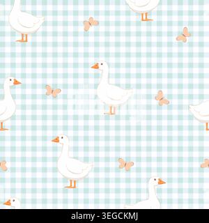 Seamless pattern with cute white geese and butterflies on mint gingham background. Farmhouse style nursery wallpaper. Stock Vector