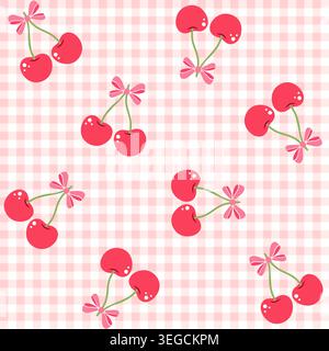 Seamless pattern of red cherries on a gingham background. Ideal for nursery decor and cute summer textiles. Stock Vector