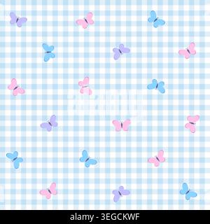 Seamless pattern with pastel butterflies on a blue gingham background.  Stock Vector