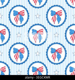 Patriotic seamless pattern with USA flag bows in scalloped frames and white stars. Stock Vector