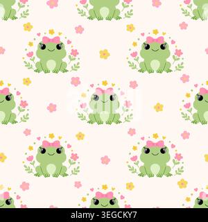 Seamless pattern with cute frogs, pink bows, and spring flowers. Kawaii animal design for nursery and decor. Stock Vector