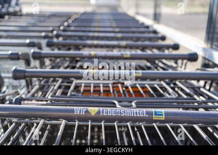 Bad Hersfeld, Germany, 04.29.2026: Long row of shopping carts lined up near supermarket edeka entrance. Retail shopping concept with metal grocery Stock Photo