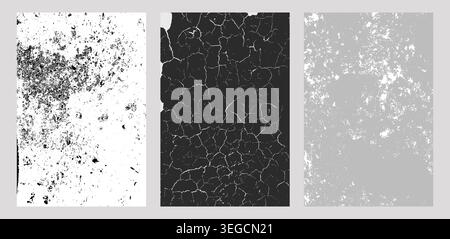 Set of three rectangular panels showing contrasting textures speckled white with black blotches, cracked dark surface, and weathered gray with irregul Stock Photo