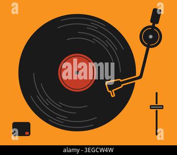 flat vector illustration of turntable playing a vinyl record, top-down view. minimalist graphic for music, DJ, and retro-themes. Stock Vector