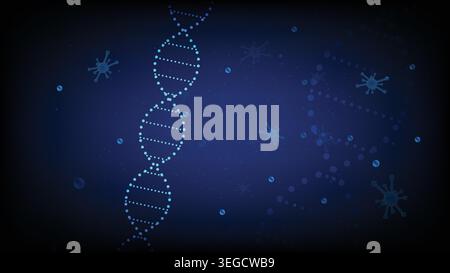 Abstract background glowing DNA double helix structure, floating virus cells and bokeh light Stock Vector