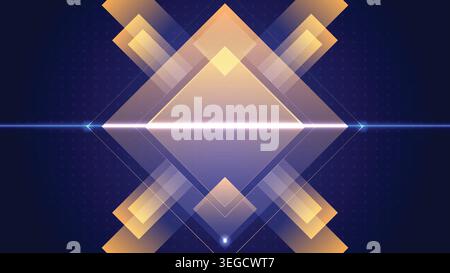 Modern abstract background featuring overlapping golden diamond shapes, a glowing blue laser line and tech pattern Stock Vector