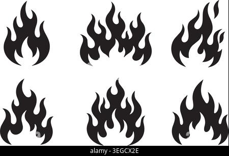 Black flame shapes and fire silhouettes collection isolated on white backdrop Stock Vector