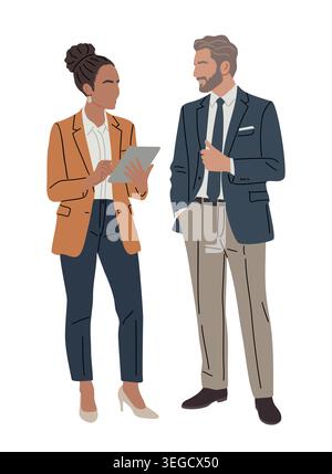 Business couple stand close engage in conversation Stock Vector