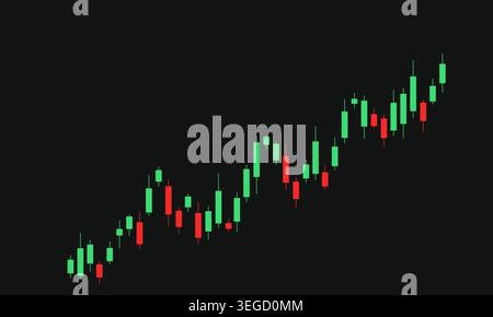 Candlestick chart shows rising stock trend with green and red candles. Visual represents financial growth or market optimism. Raster image in JPEG for Stock Photo