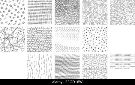 Crosshatch textures featuring hand-drawn line work and doodle pattern vector illustration set. Stock Vector
