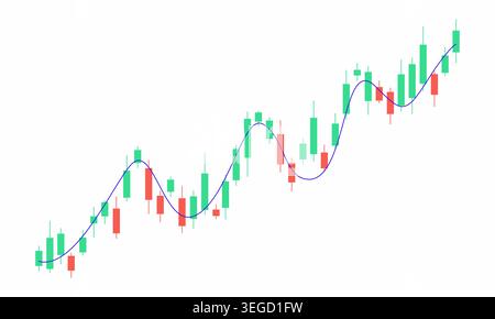 Chart shows price movement with green and red candles. Blue line tracks upward trend. Ideal for financial analysis. Raster image in JPEG format Stock Photo