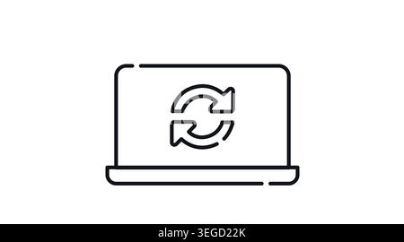 Laptop refresh and software update icon: portable notebook computer with circular reload arrows on screen, minimalist black line art vector. Stock Vector
