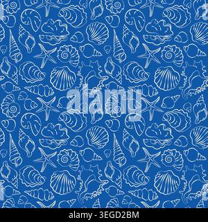 Hand-drawn seamless pattern of seashells in line art doodle style for wedding, event decor, menu, summer seaside vacation projects Stock Vector