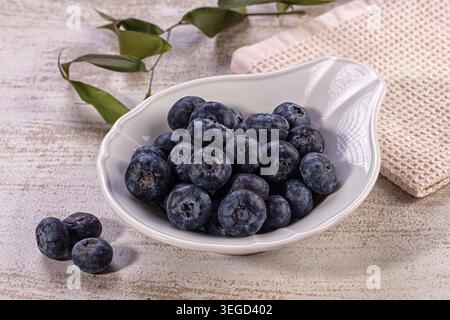 Pile of fresh organic blueberries in elegant white bowl, few berries scattered on light textured wooden surface. Natural light illuminates rich blue p Stock Photo
