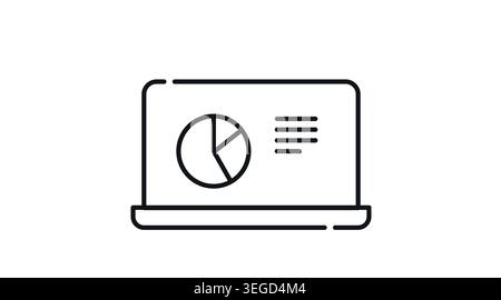 Laptop data analytics icon: portable notebook computer with pie chart on screen, minimalist black line art vector illustration for business statistics Stock Vector