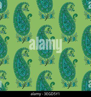 A beautiful and intricate paisley pattern with detailed floral ornaments on a green background, a classic seamless repeat design for textiles Stock Vector