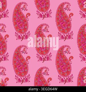 A beautiful and intricate paisley pattern with detailed floral ornaments on a pink background, a classic seamless repeat design for textiles Stock Vector