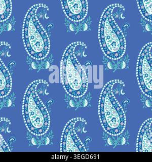 A beautiful and intricate paisley pattern with detailed floral ornaments on a blue background, a classic seamless repeat design for textiles Stock Vector