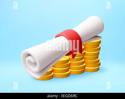 3d diploma scroll resting on gold coin stack Stock Vector