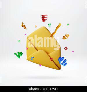 3D Open envelope with festive confetti and ribbons Stock Vector