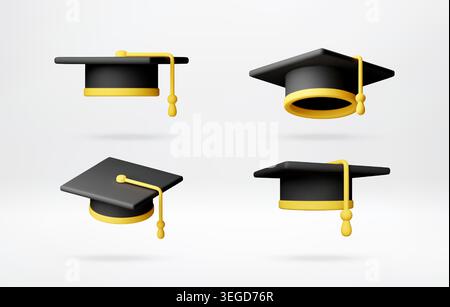 Set of 3d graduation cap icons. Stock Vector