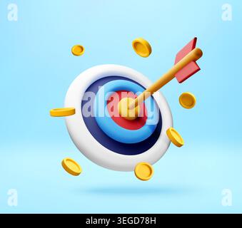 3D arrow in bullseye target with gold coins. Stock Vector