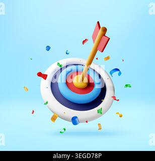 3D Arrow hitting center of target with confetti Stock Vector