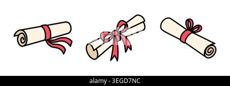 A folded graduate diploma with a red ribbon tied in a bow set. Doodle style illustration. Hand drawn vector. Beautifully folded and ribbon-tied love letter collection Stock Vector
