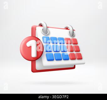 3d calendar icon with number one notification bubble. Concept of appointment reminder, scheduled event and planning. Business management and time trac Stock Vector