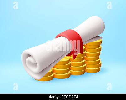3d illustration of diploma scroll resting on gold coin stack. Financial success and investment in education concept. Academic degree value and student Stock Vector