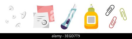 Office supplies set. Office paper clip, paper cutter knife, stickers. School supplies. Stationery elements. Cartoon style, flat design. Vector illustration isolated on white background. Stock Vector