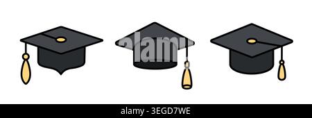 Graduation cap illustration set. University, college graduation black cap icon collection. Element for degree ceremony, educational programs design. Vector Stock Vector