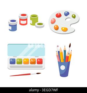 Painting and drawing elements set. Watercolor paints, paint brush, pencil, palette, gouache, crayon. Art supply. Vector hand drawn illustration isolated on white. Cartoon style, flat design. Stock Vector