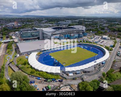 Etihad Campus in Manchester, home to Manchester City Football Club, featuring world-class sporting facilities in Greater Manchester, England. Stock Photo
